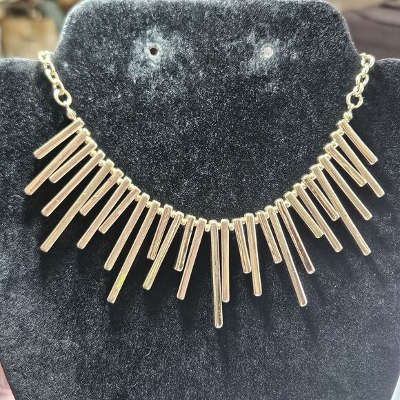 Vintage Modernist Dangle Bib Necklace Statement Gold Tone 23-25” - Picture 1 of 13